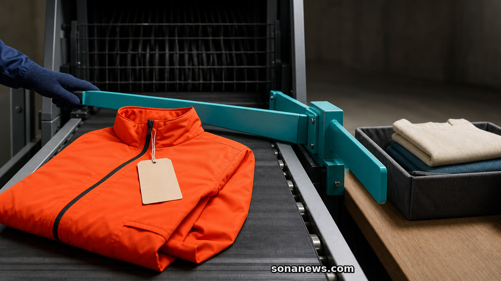 Chaqueta coral sin vender desviada de una trituradora textil hacia una zona de reparación y reutilización.