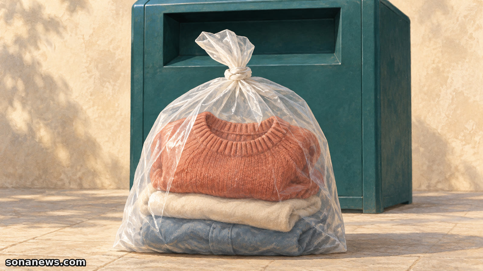 Ilustración de una bolsa transparente cerrada con un jersey coral y otras prendas dobladas delante de un contenedor de ropa usada.