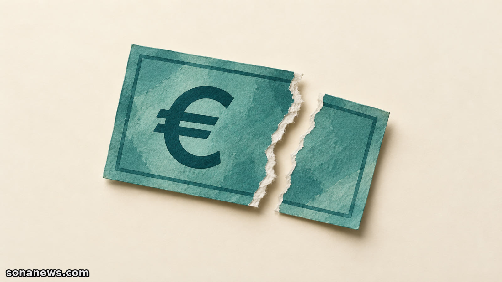 Ilustración de un billete simbólico con el signo del euro, roto en dos piezas verdes que conservan los bordes del desgarro.
