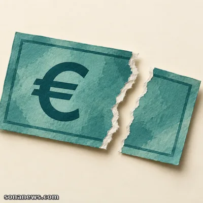 Ilustración de un billete simbólico con el signo del euro, roto en dos piezas verdes que conservan los bordes del desgarro.
