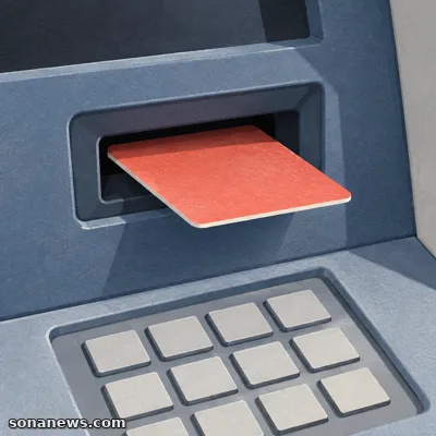 Ilustración de una tarjeta coral parcialmente introducida en la ranura de un cajero automático, sobre un teclado sin números.