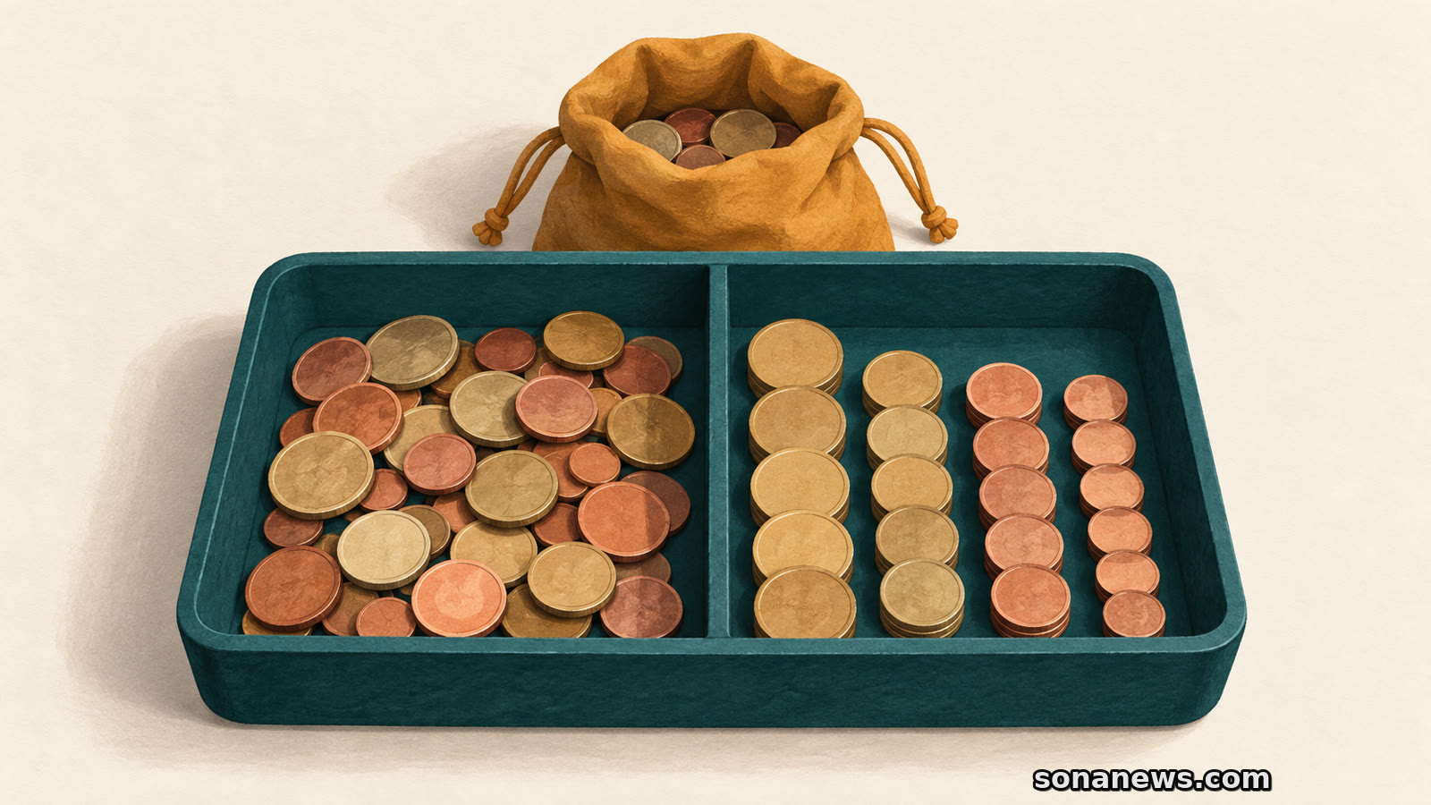 Ilustración de monedas mezcladas y ordenadas en una bandeja, junto a una bolsa, para explicar su preparación antes del cambio de efectivo.