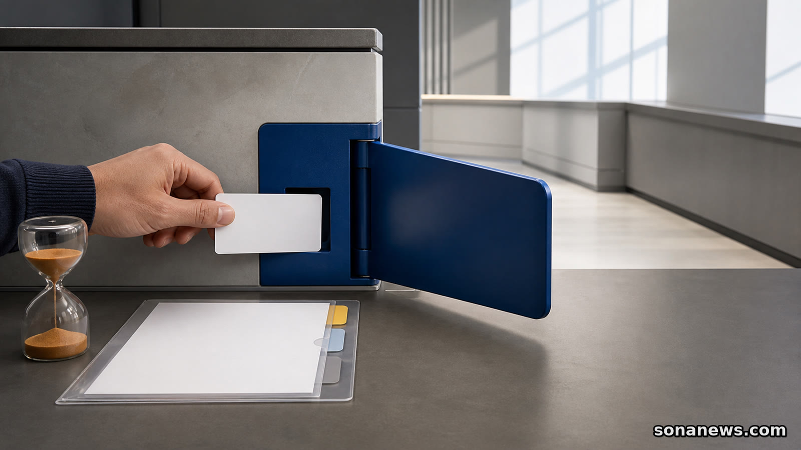 Una mano introduce una tarjeta bancaria sin marca para abrir una compuerta azul junto a un expediente y un reloj de arena.