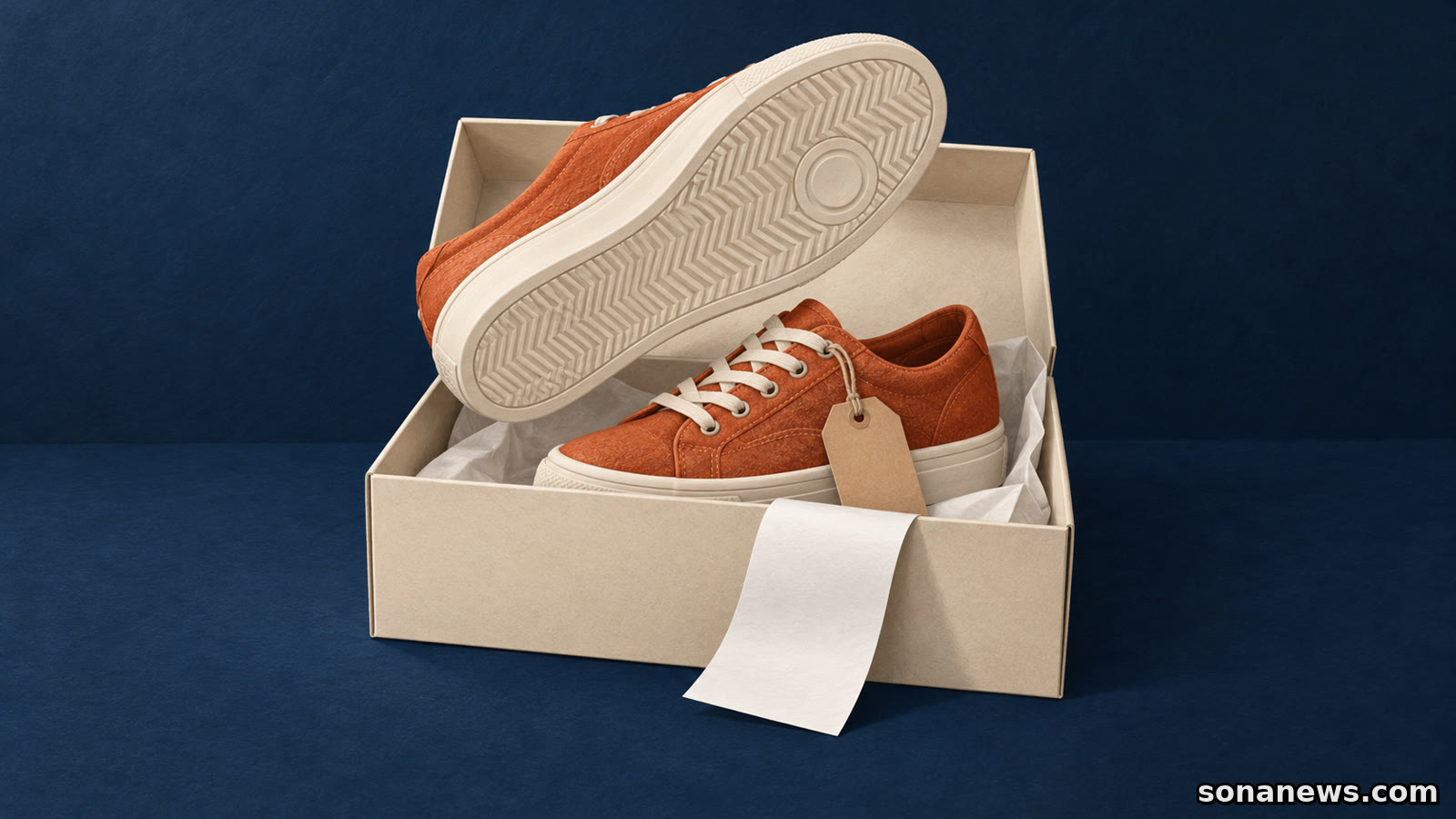 Ilustración de unas zapatillas sin usar en su caja, con una suela levantada, etiqueta y papel de compra para preparar una devolución.