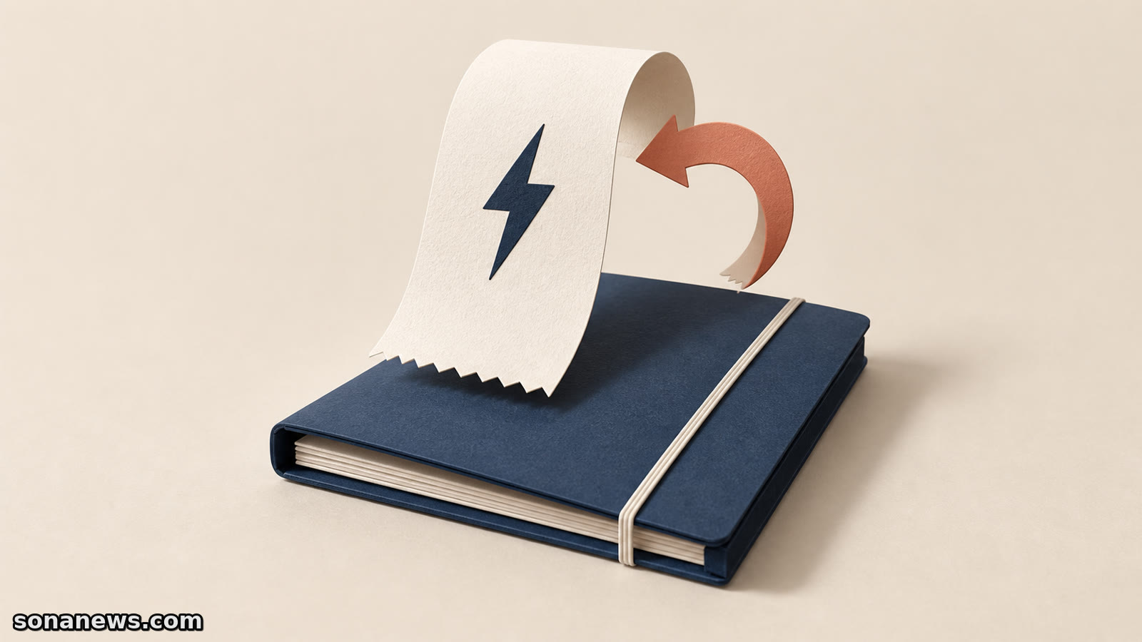 Ilustración de un recibo de electricidad con flecha de devolución sobre una carpeta cerrada que representa el contrato.