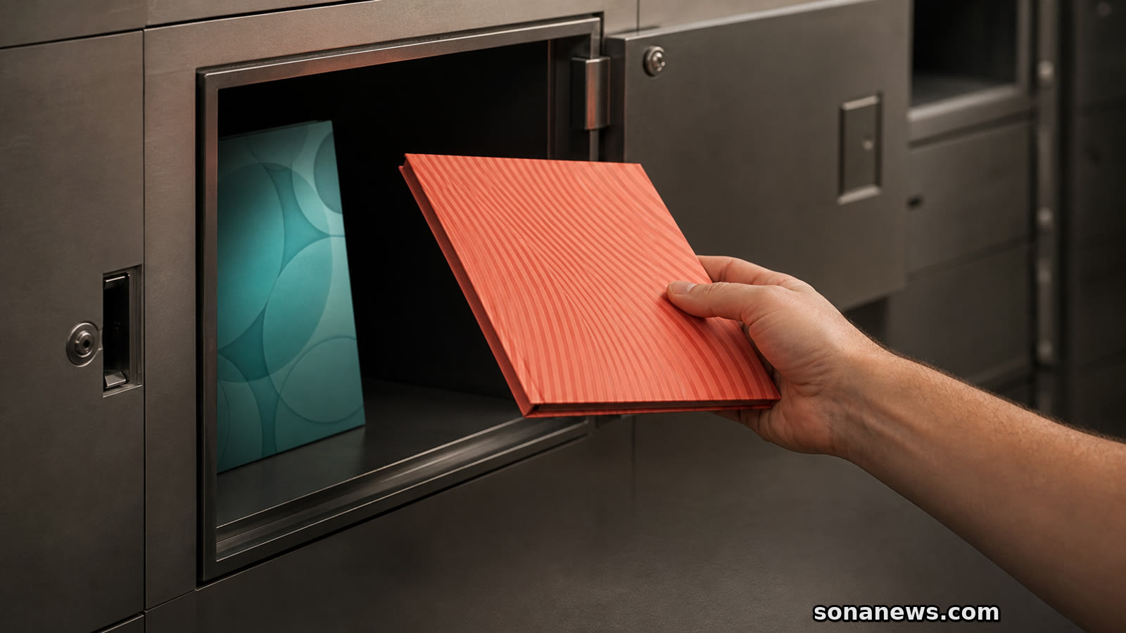 Mano colocando dos carpetas bancarias de distinto diseño en un mismo compartimento de caja fuerte.