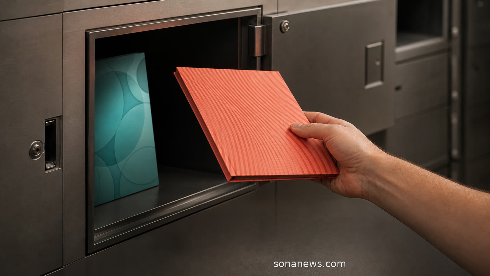 Mano colocando dos carpetas bancarias de distinto diseño en un mismo compartimento de caja fuerte.