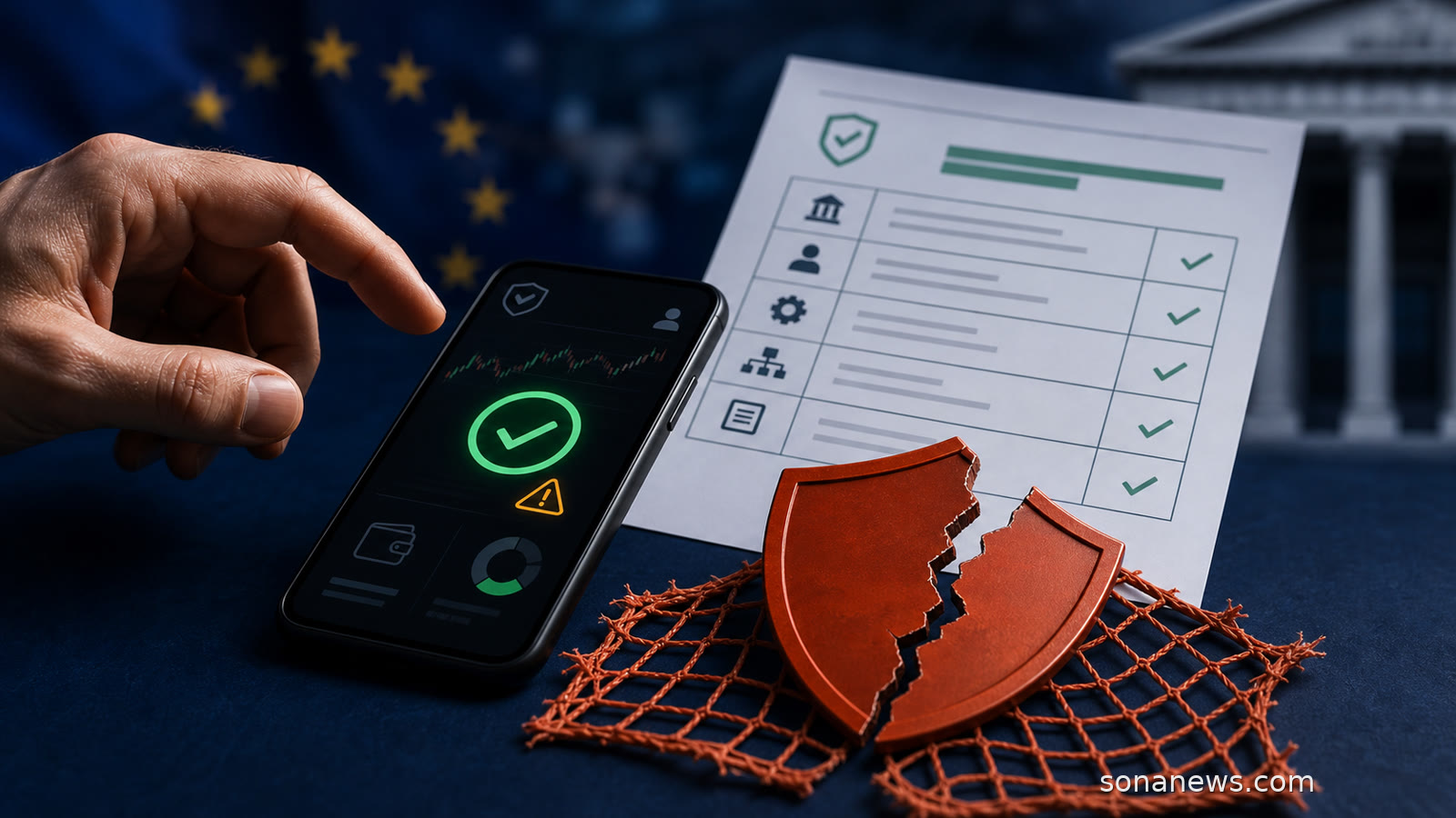 Mano sobre una app cripto con señal de autorización, registro oficial y símbolo de red de seguridad rota para explicar MiCA y sus límites.