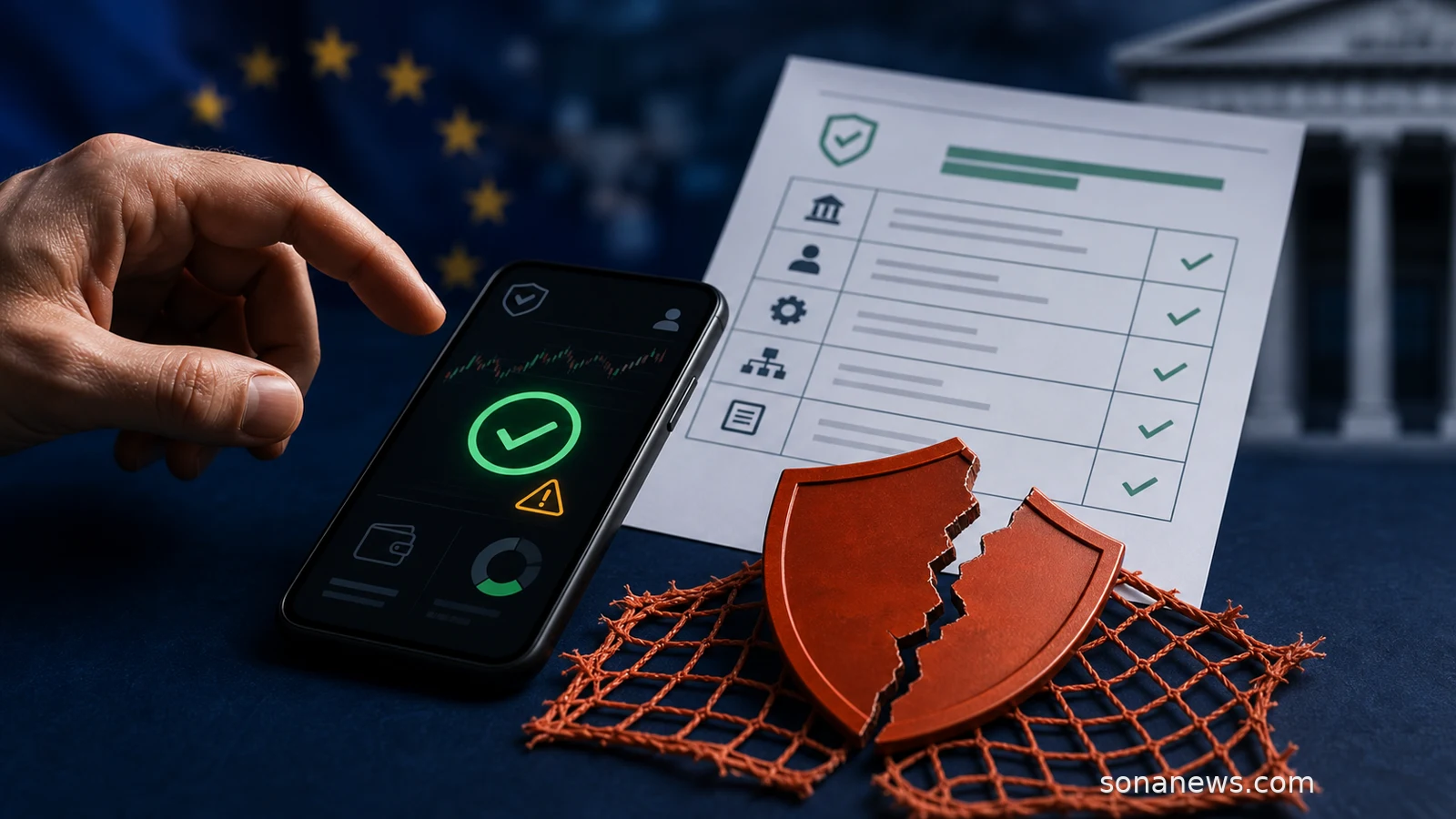 Mano sobre una app cripto con señal de autorización, registro oficial y símbolo de red de seguridad rota para explicar MiCA y sus límites.