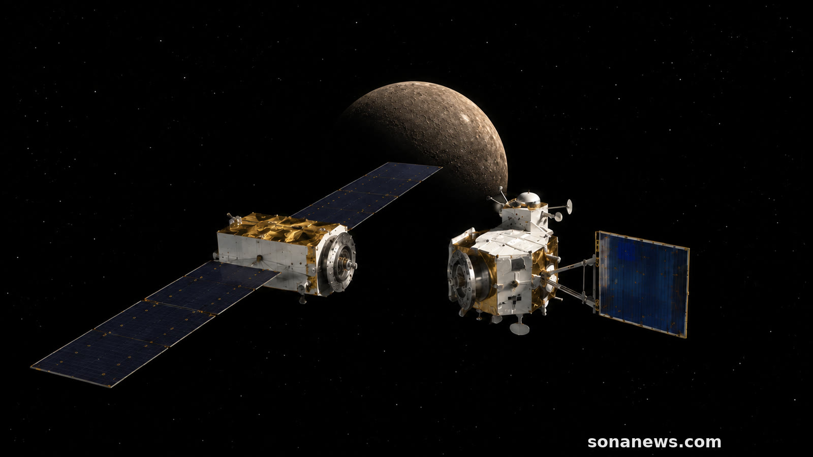 Módulo de transferencia separado de los dos orbitadores de BepiColombo frente a Mercurio en una ilustración científica.