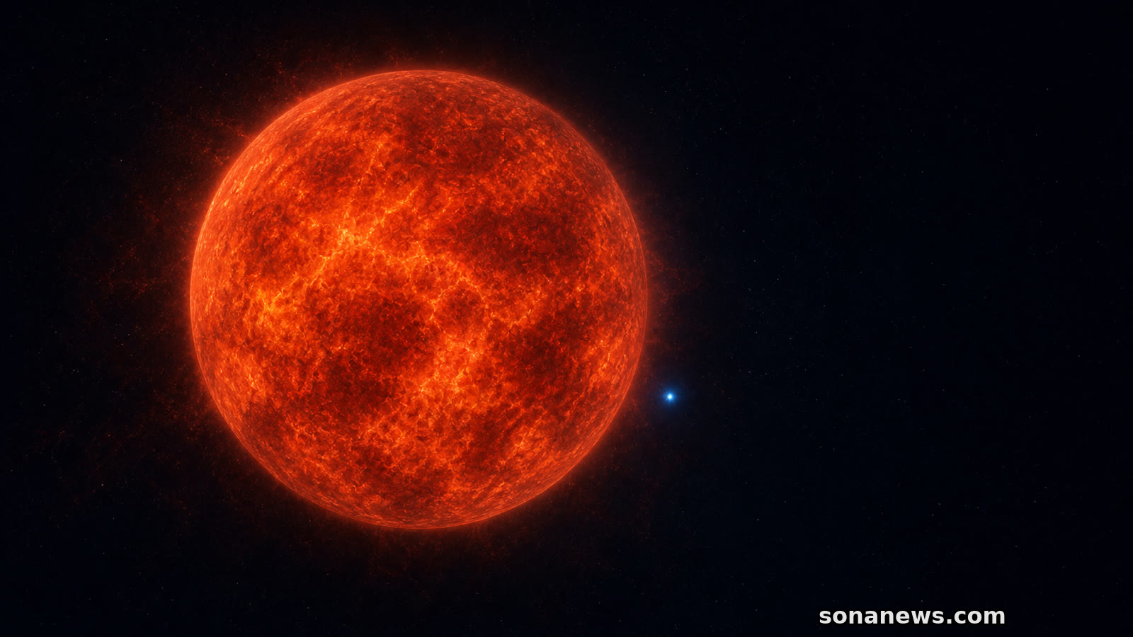 Ilustración de Betelgeuse como supergigante roja junto a un pequeño punto azul que representa a la candidata Betelgeuse B.