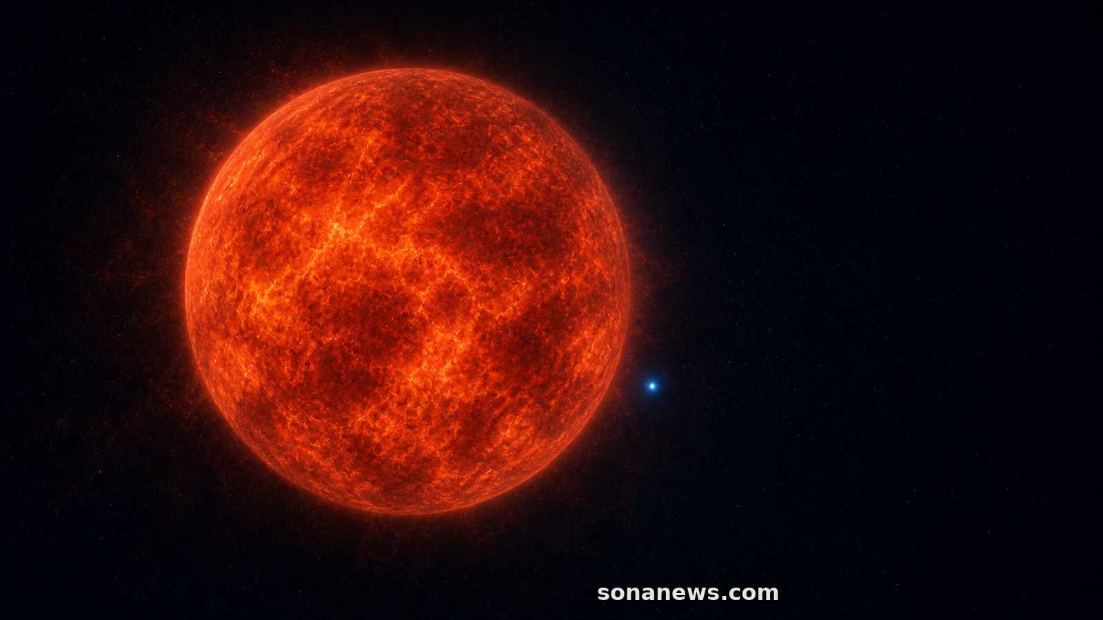 Ilustración de Betelgeuse como supergigante roja junto a un pequeño punto azul que representa a la candidata Betelgeuse B.