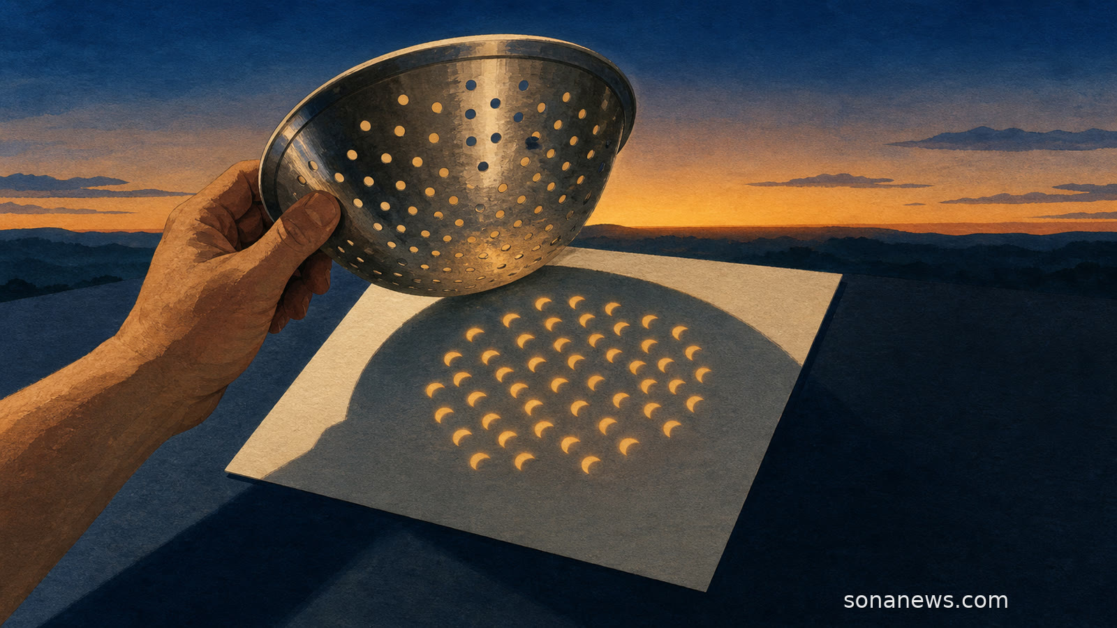 Colador proyectando decenas de crecientes solares sobre una cartulina durante la fase parcial de un eclipse al atardecer.