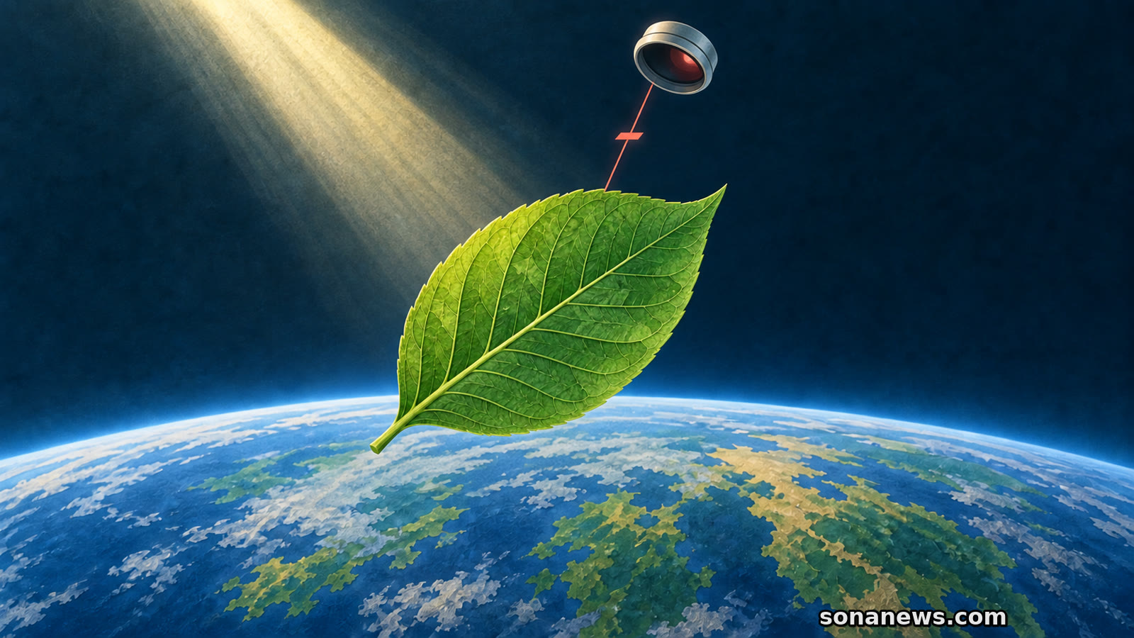 Ilustración de una hoja iluminada y una óptica sobre la Tierra, símbolo de la fluorescencia vegetal que estudiará FLEX.
