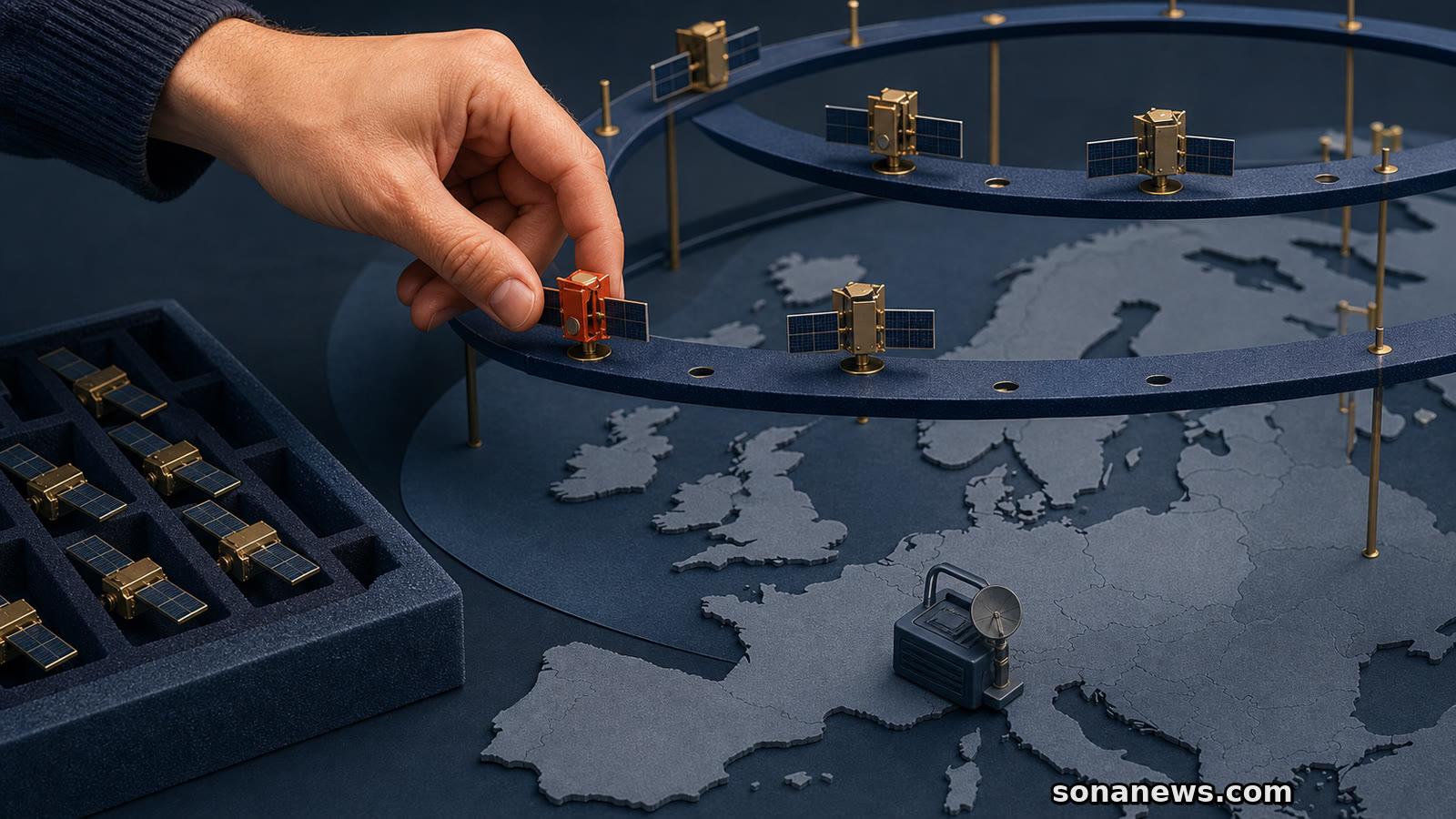 Mano colocando un satélite coral en una maqueta multiórbita sobre Europa que representa la futura red IRIS².