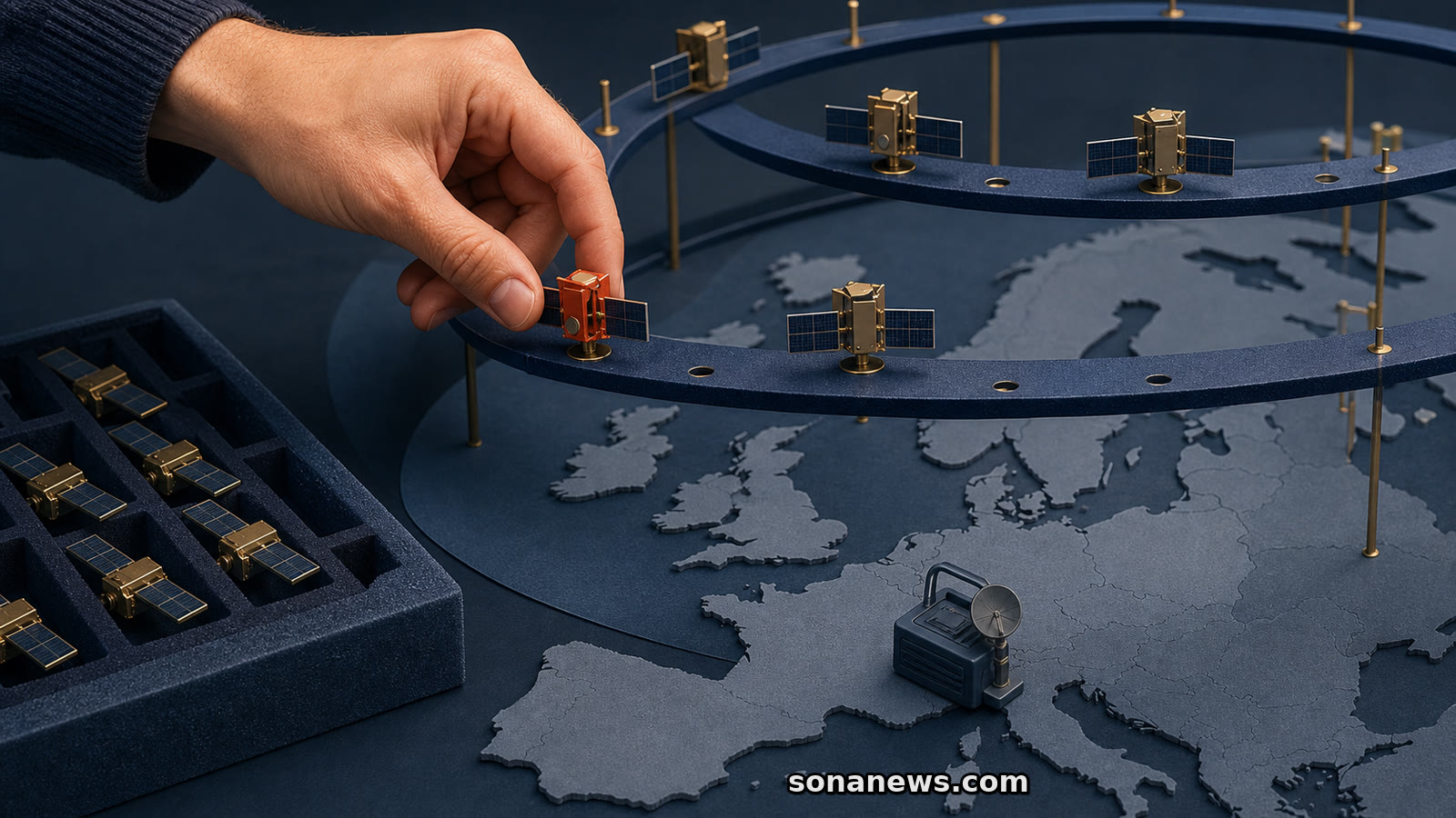 Mano colocando un satélite coral en una maqueta multiórbita sobre Europa que representa la futura red IRIS².