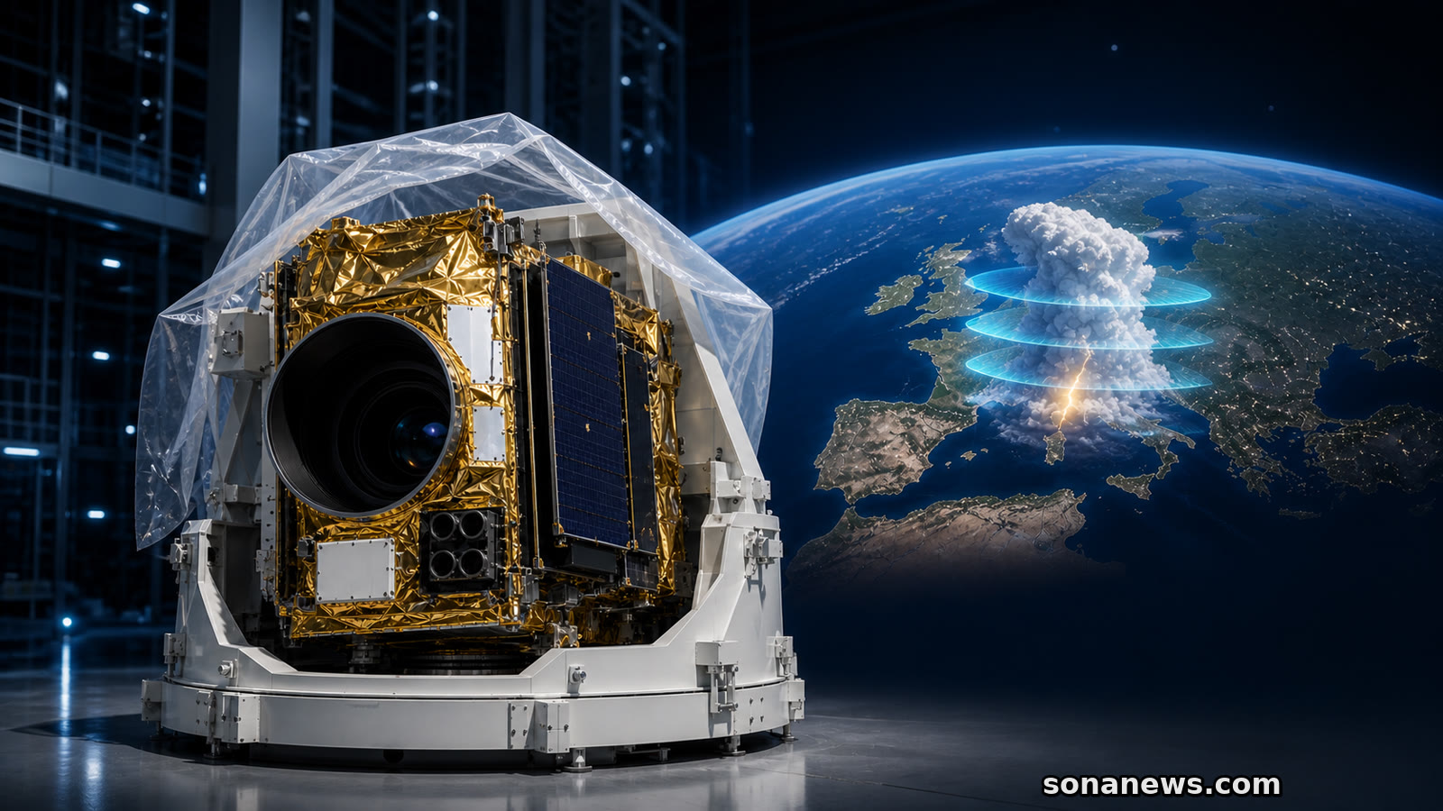 Satélite meteorológico protegido en su soporte ante Europa y una tormenta marcada por barridos de observación.