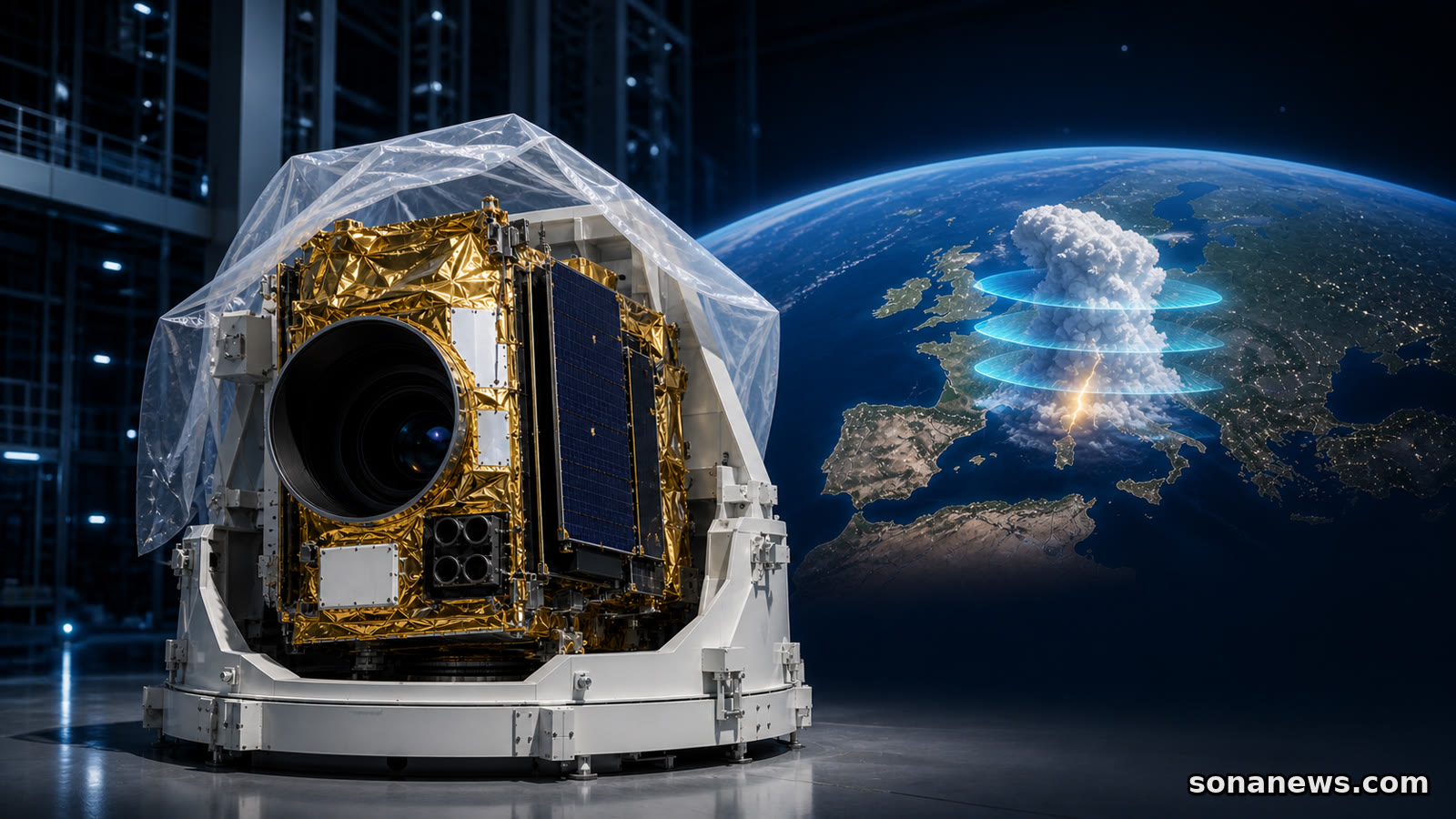 Satélite meteorológico protegido en su soporte ante Europa y una tormenta marcada por barridos de observación.