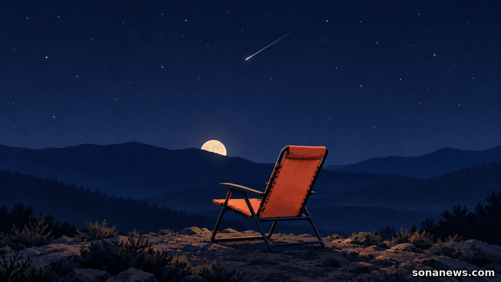 Ilustración de una silla reclinable naranja bajo un meteoro y una Luna parcialmente oculta por una loma, sobre la observación de las Oriónidas.