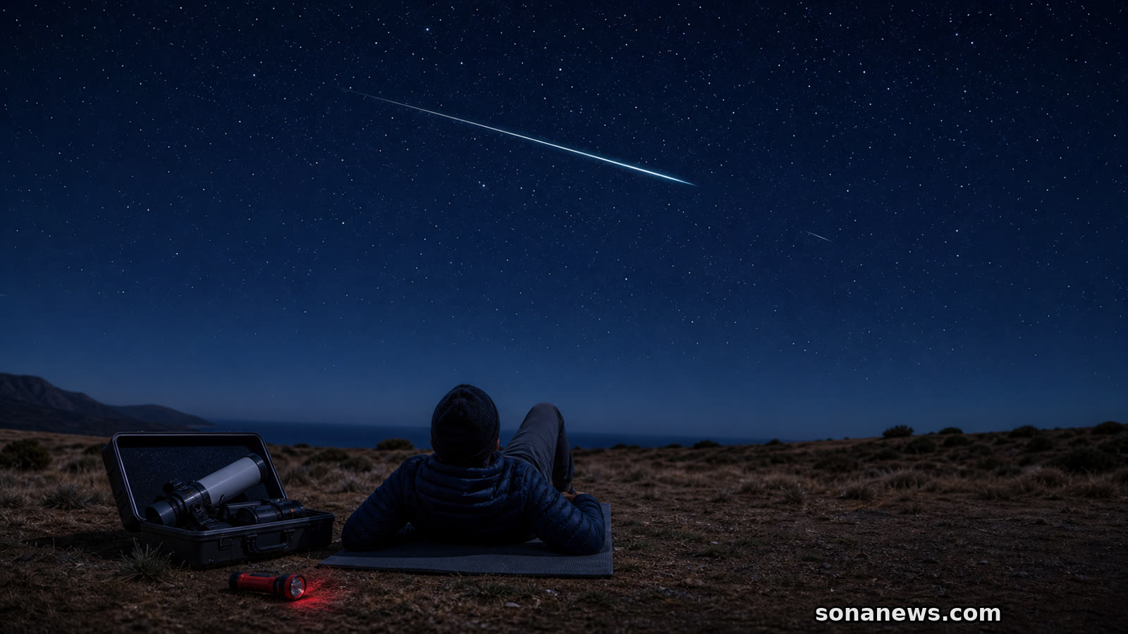 Persona reclinada bajo una Perseida, con un telescopio sin usar y una linterna roja en un paraje oscuro.