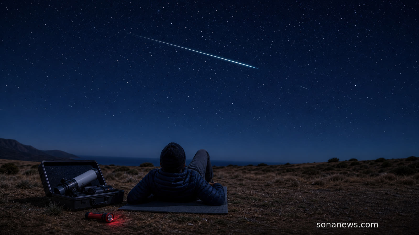 Persona reclinada bajo una Perseida, con un telescopio sin usar y una linterna roja en un paraje oscuro.