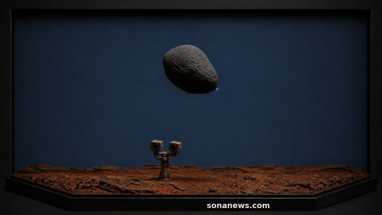 Maqueta de Fobos ocultando un punto que representa la Tierra sobre las cámaras gemelas Mastcam-Z en Marte.