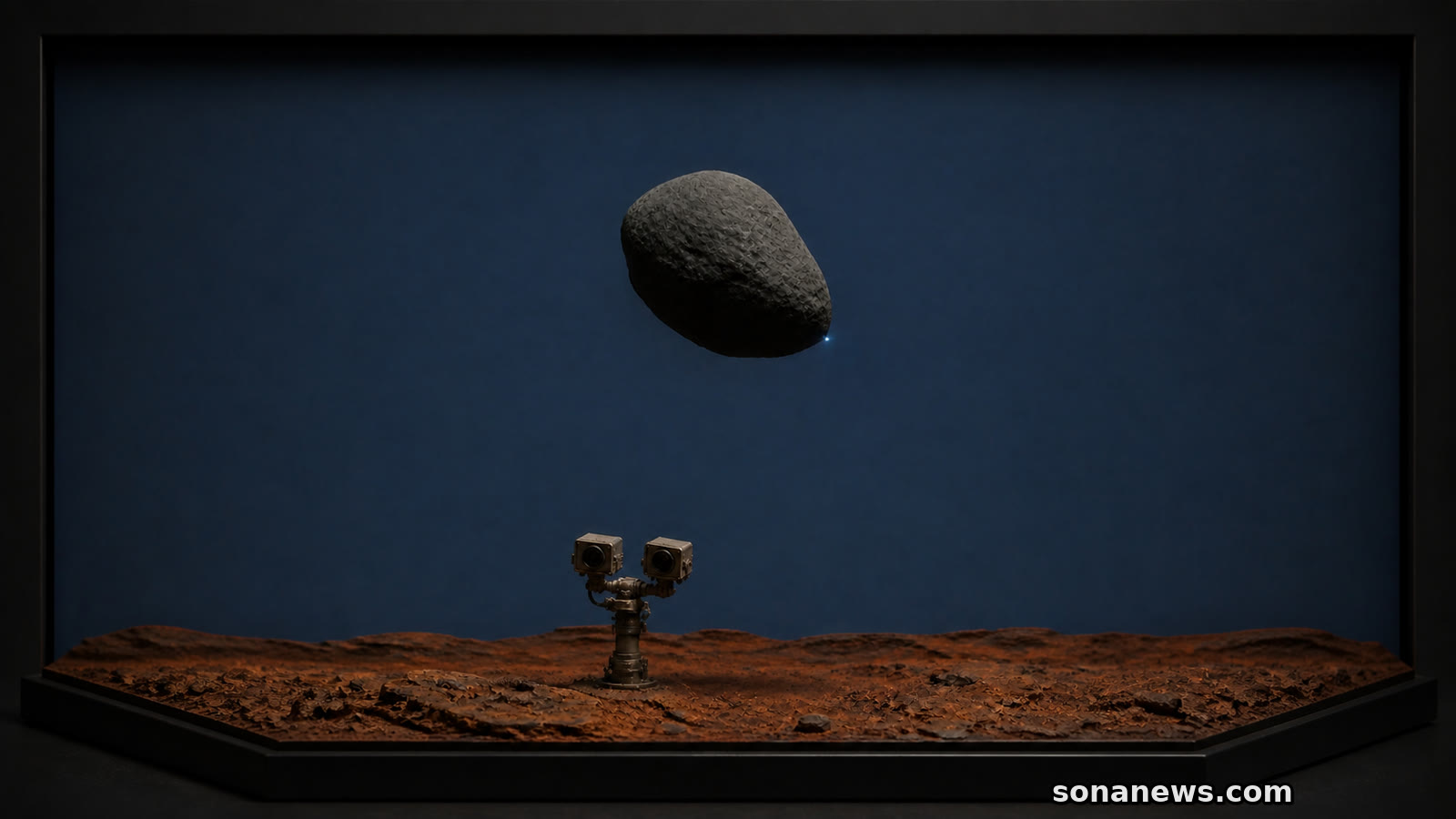 Maqueta de Fobos ocultando un punto que representa la Tierra sobre las cámaras gemelas Mastcam-Z en Marte.