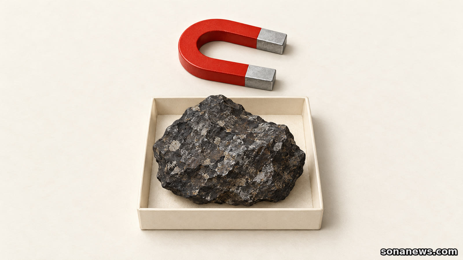 Ilustración de una roca sin identificar en una bandeja y un imán rojo apartado, sobre la conservación del magnetismo de los meteoritos.