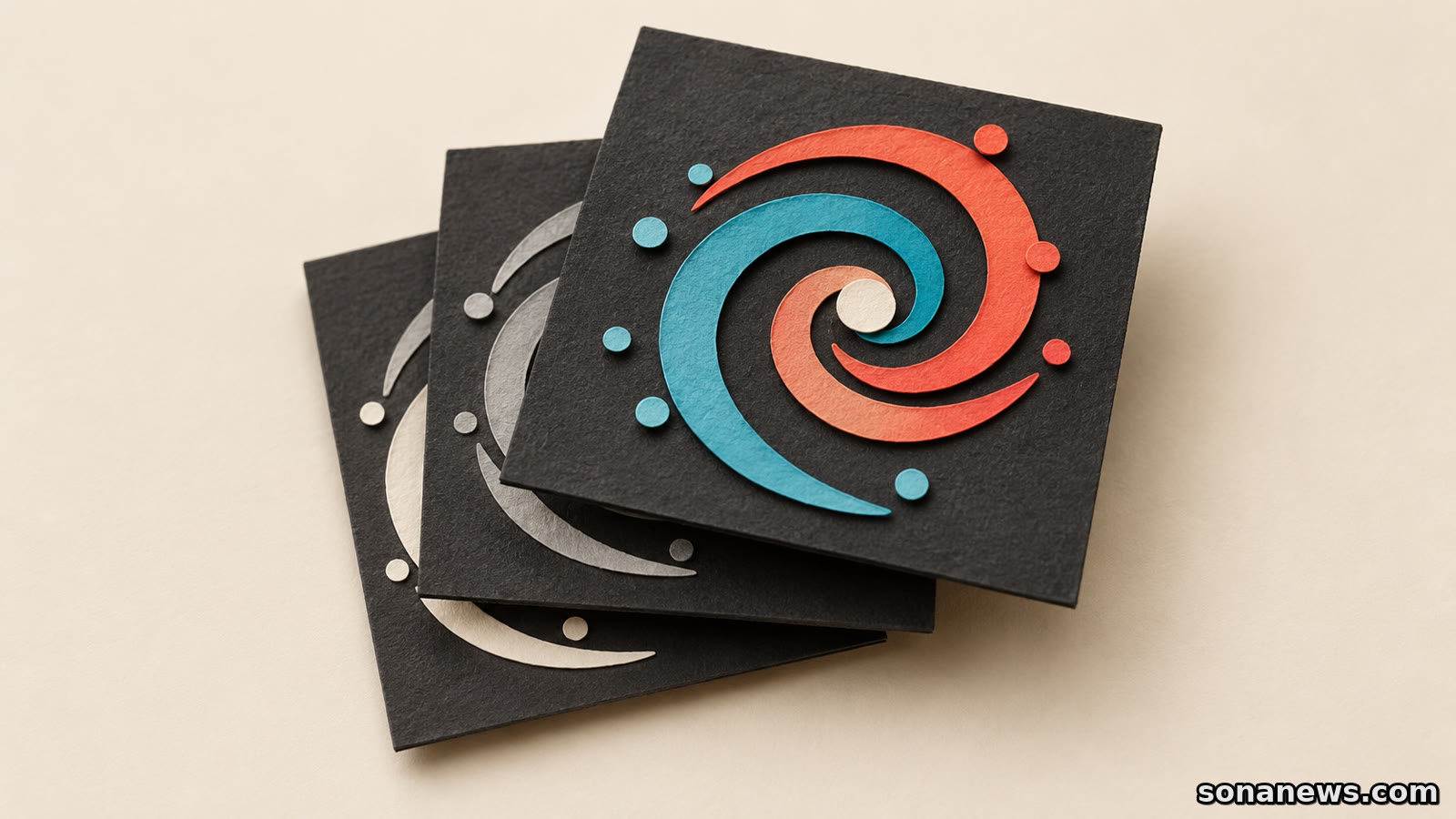 Maqueta de papel con una espiral coral y azul sobre capas monocromas, que ilustra la composición de imágenes de Webb.