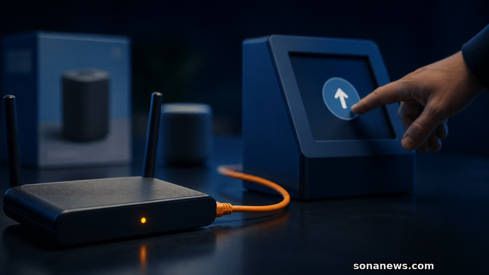 Router con luz ámbar ante una mano que envía un aviso de ciberseguridad desde un terminal.