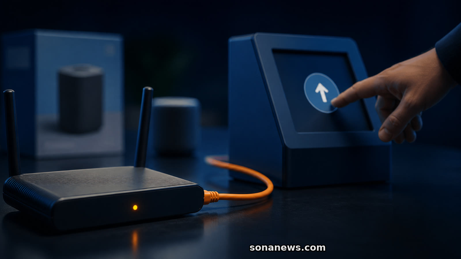 Router con luz ámbar ante una mano que envía un aviso de ciberseguridad desde un terminal.
