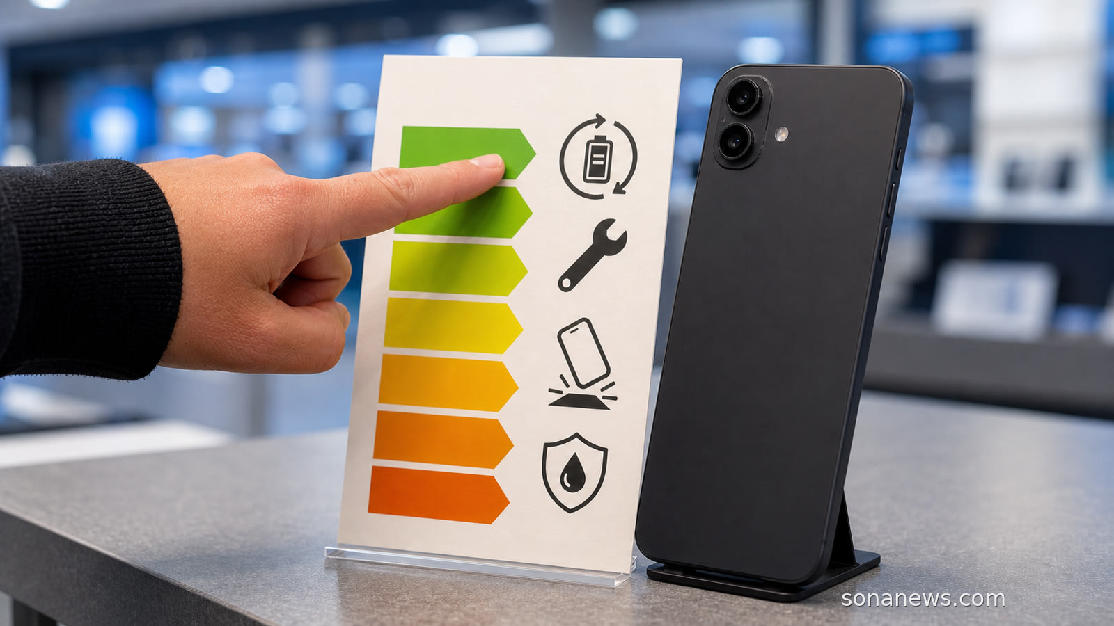 Smartphone en una tienda junto a una ficha ilustrativa con símbolos de batería, reparación, caída y agua sobre la etiqueta energética europea de móviles.