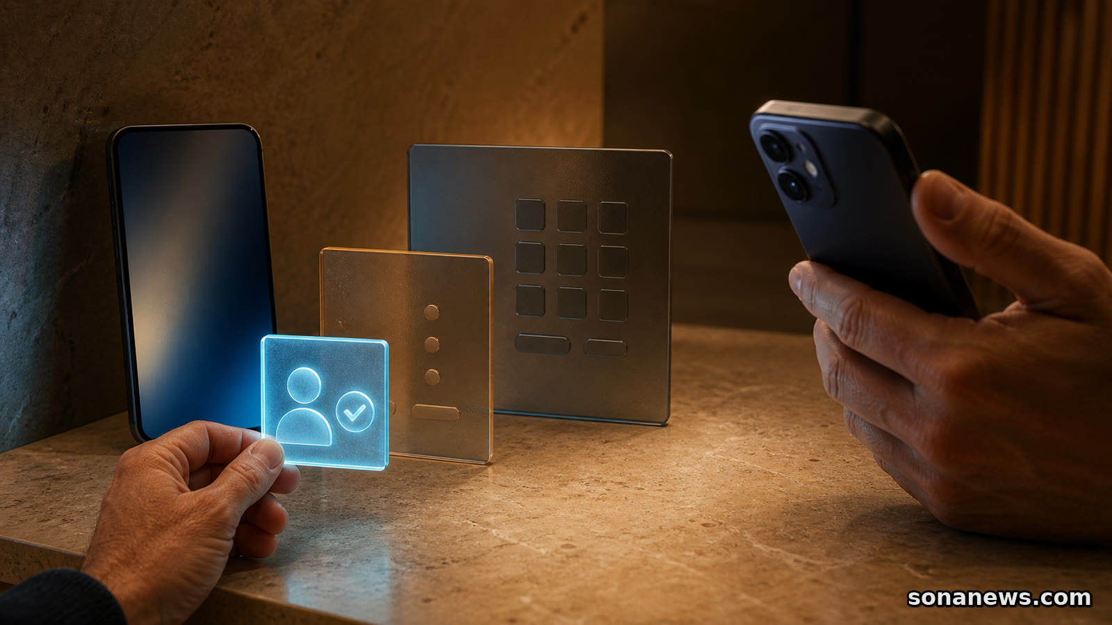 Dos personas usan teléfonos sin marca junto a tres placas de datos; la más pequeña muestra un perfil y una verificación.