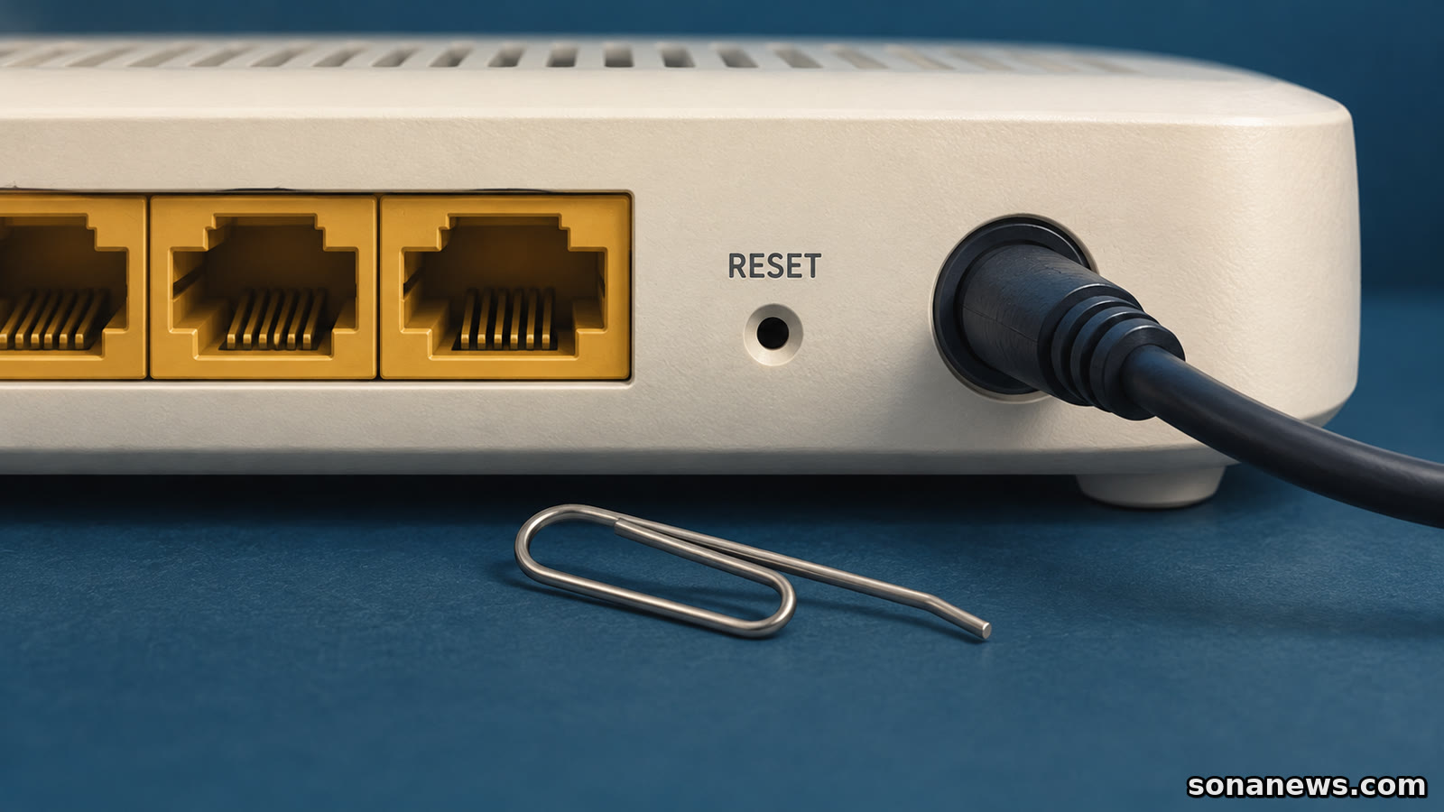 Ilustración de un router con orificio Reset, puertos Ethernet y cable de alimentación, con un clip desplegado sin tocar el equipo.