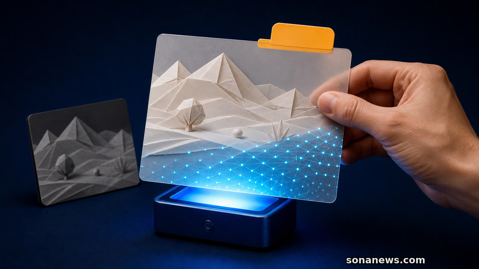 Mano sostiene una tarjeta con paisaje de papel, pestaña ámbar y matriz digital revelada por un escáner azul.
