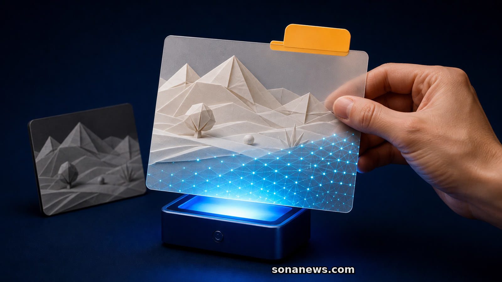 Mano sostiene una tarjeta con paisaje de papel, pestaña ámbar y matriz digital revelada por un escáner azul.