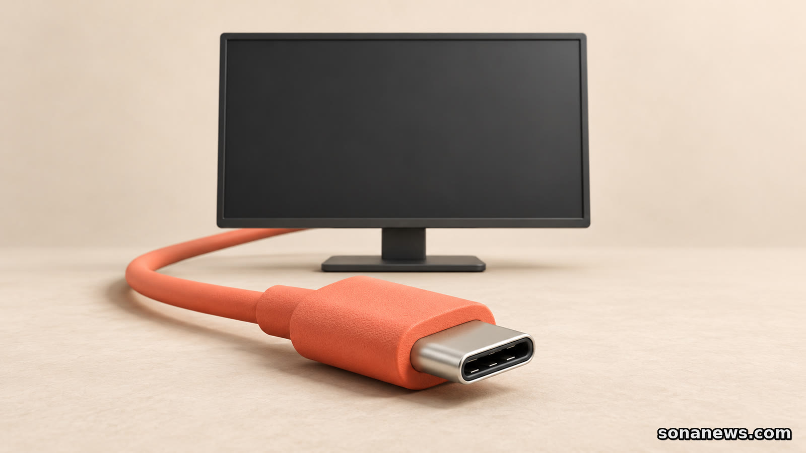 Ilustración de un conector USB-C coral en primer plano delante de un monitor externo con la pantalla oscura.