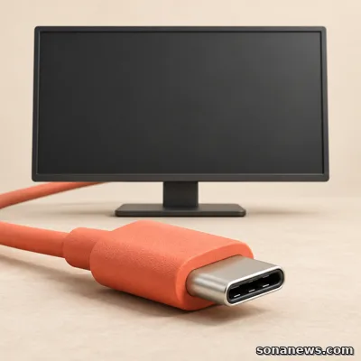 Ilustración de un conector USB-C coral en primer plano delante de un monitor externo con la pantalla oscura.