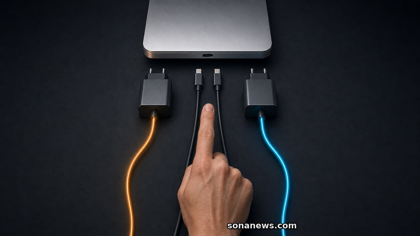 Un dedo elige entre dos cables USB-C y cargadores idénticos frente al puerto de un portátil.
