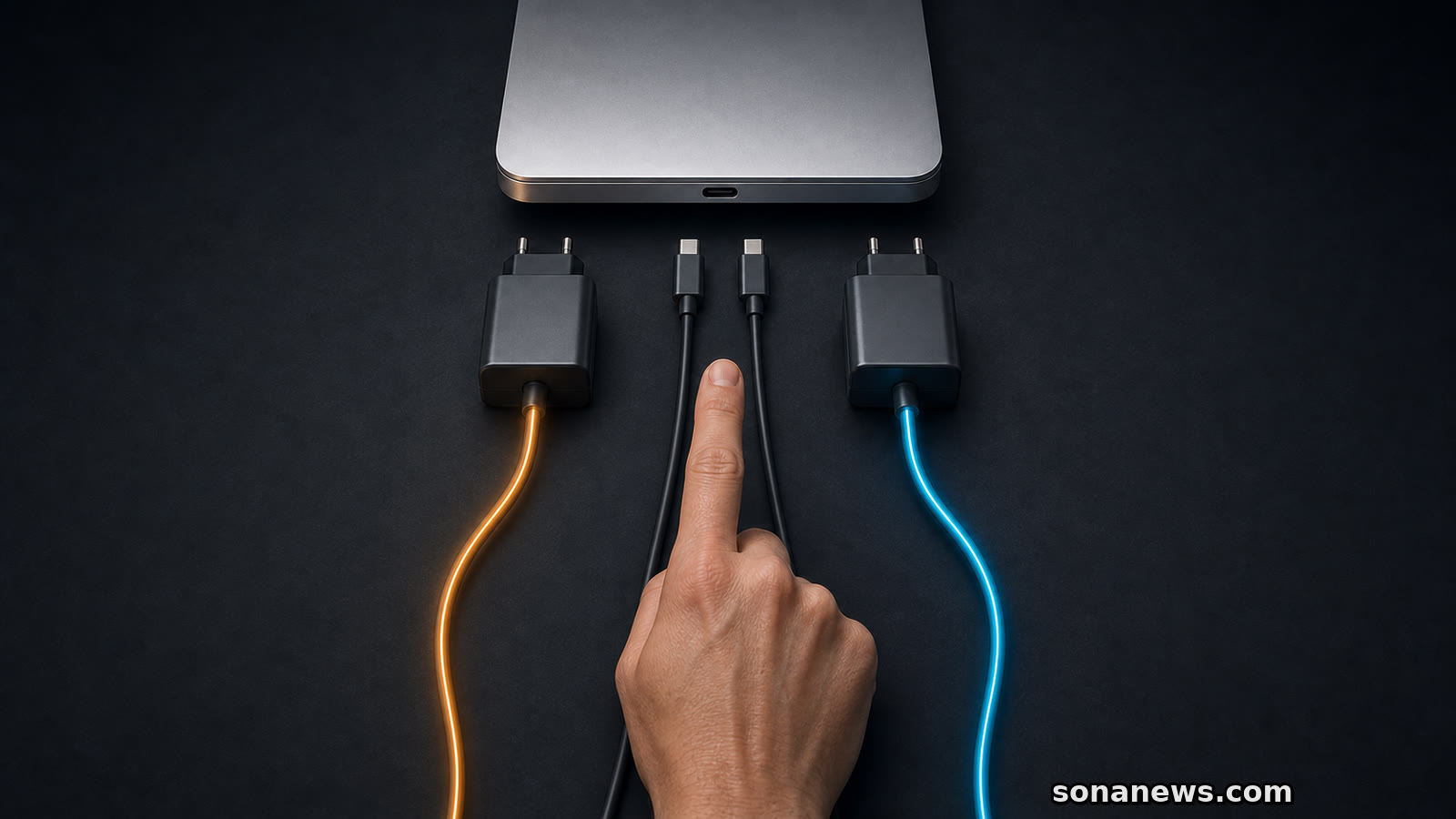 Un dedo elige entre dos cables USB-C y cargadores idénticos frente al puerto de un portátil.