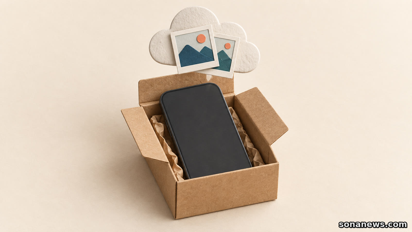 Ilustración de un móvil en una caja abierta y una nube de papel con fotografías, sobre la preparación del teléfono para venderlo.