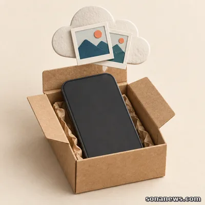 Ilustración de un móvil en una caja abierta y una nube de papel con fotografías, sobre la preparación del teléfono para venderlo.