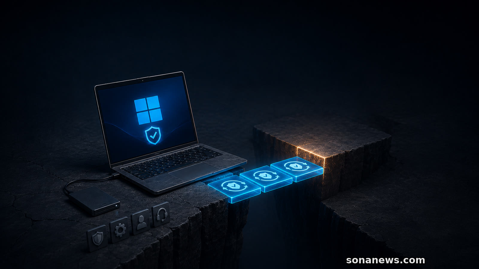 Portátil con símbolo de Windows junto a tres baldosas luminosas de actualización que cruzan un hueco hacia una plataforma finita.