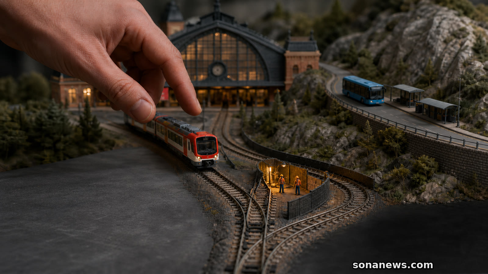 Mano replantea un tren de Cercanías en miniatura ante vías en obras y un autobús de montaña.