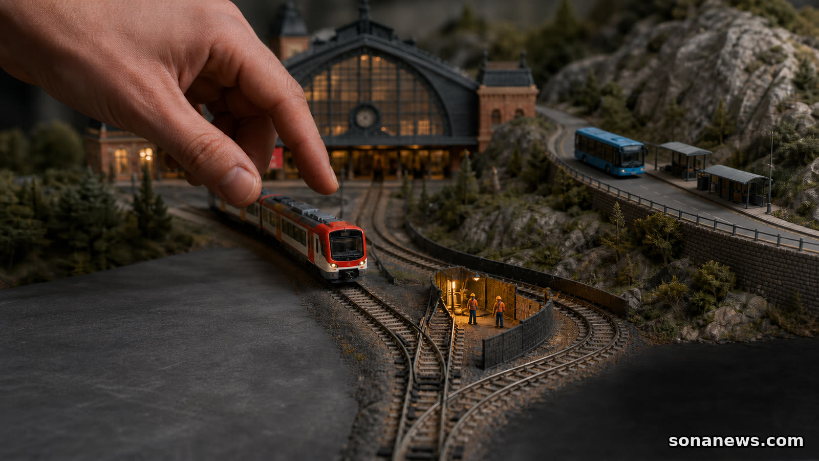 Mano replantea un tren de Cercanías en miniatura ante vías en obras y un autobús de montaña.