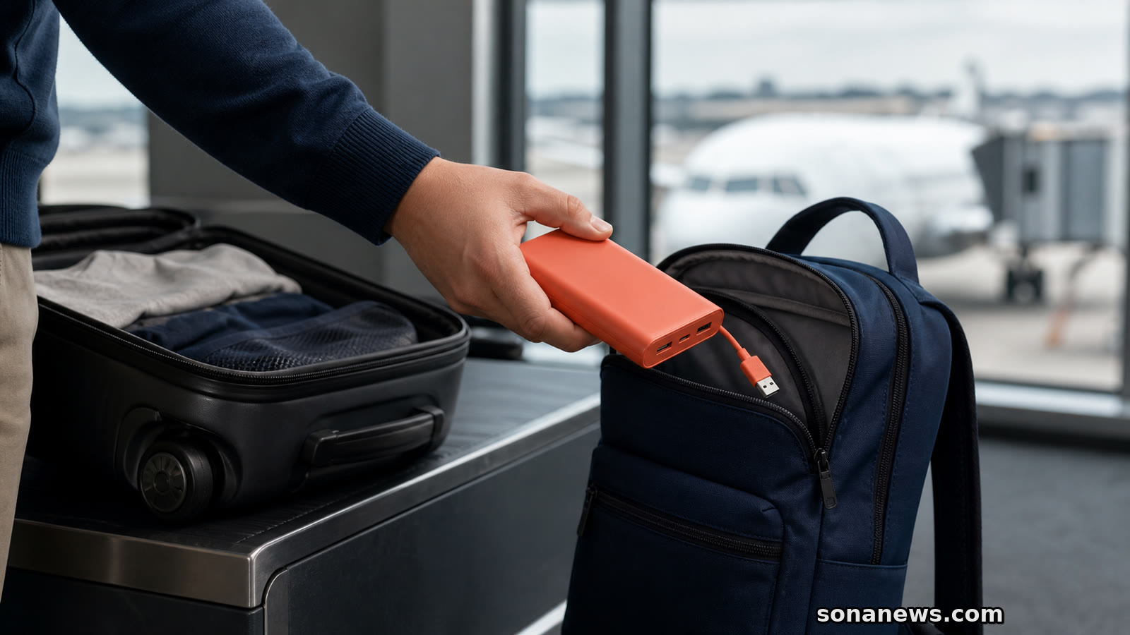 Una mano pasa una batería externa coral de una maleta abierta a una mochila de cabina ante un avión.