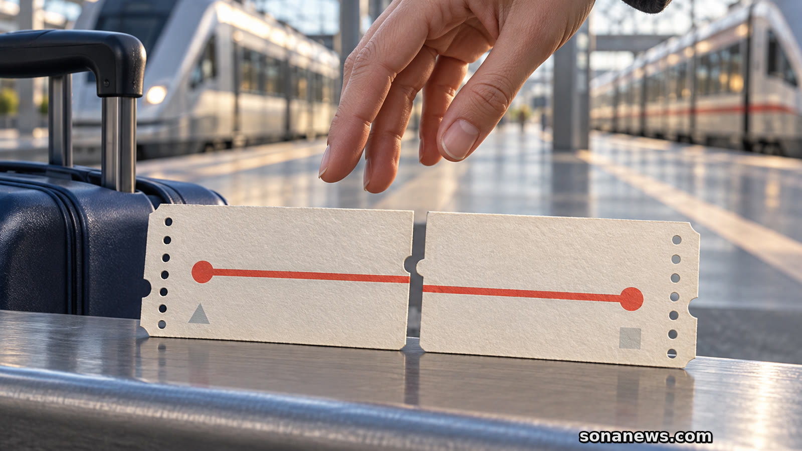 Una mano alinea dos billetes de tren separados por una ranura, con dos convoyes y una maleta al fondo.