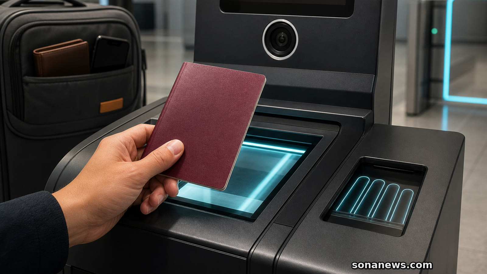 Mano acerca un pasaporte a un lector fronterizo con cámara y escáner de huellas.