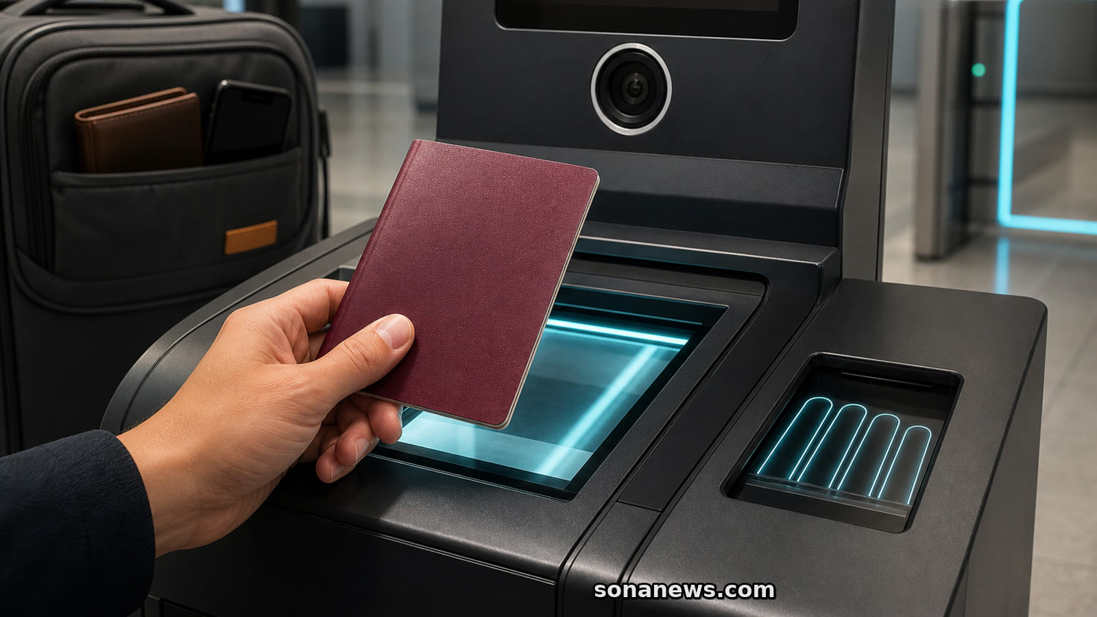 Mano acerca un pasaporte a un lector fronterizo con cámara y escáner de huellas.