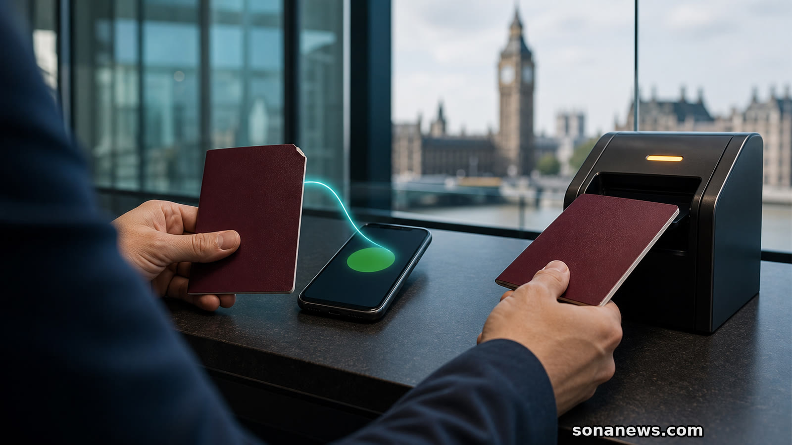 Dos pasaportes burdeos junto a un móvil y un lector de embarque ilustran que la ETA británica queda ligada al documento usado.